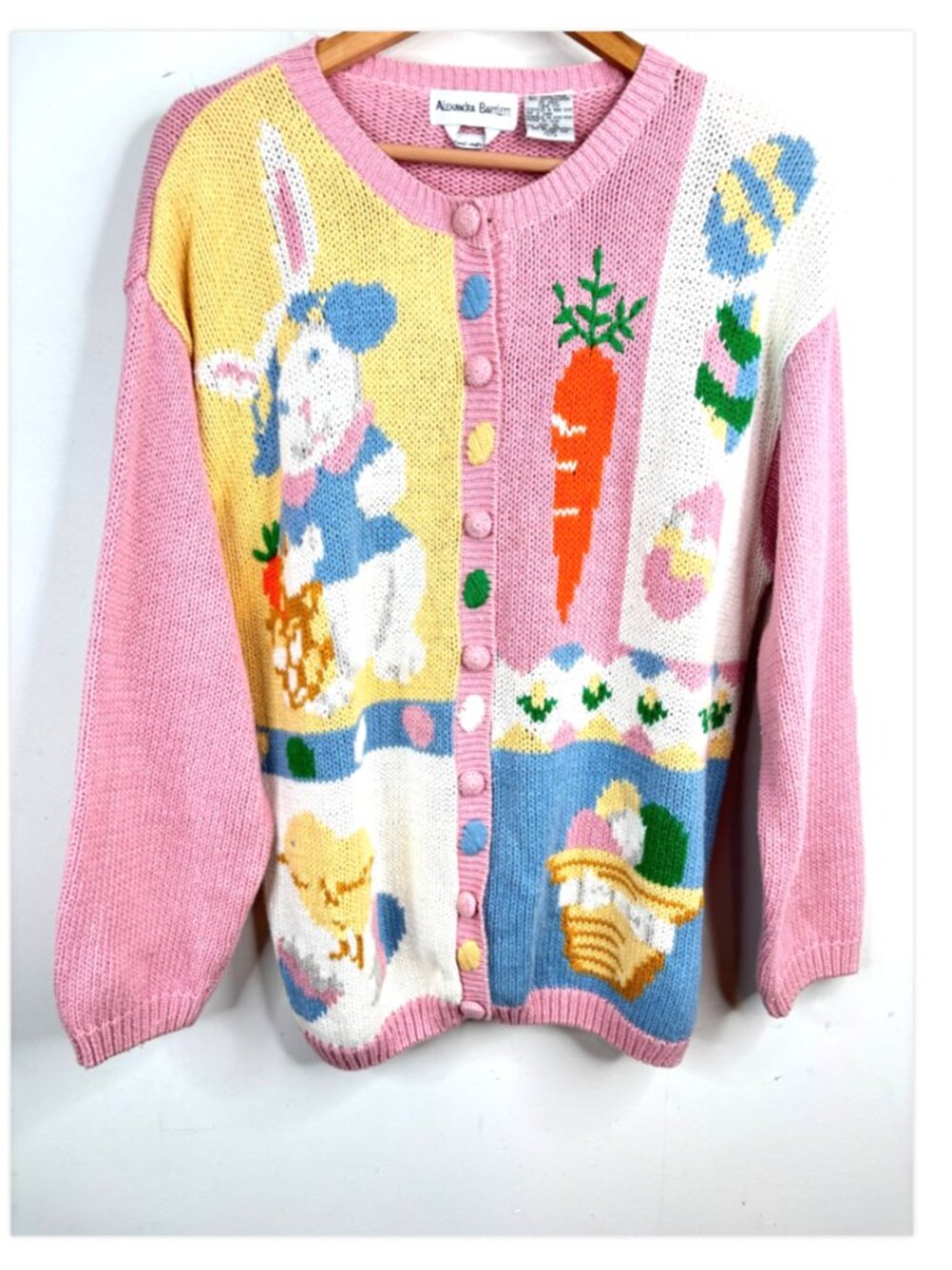 VTG Alexandra Bartlett Easter Bunny Cardigan XL Carrot Patchwork Cottage Granny